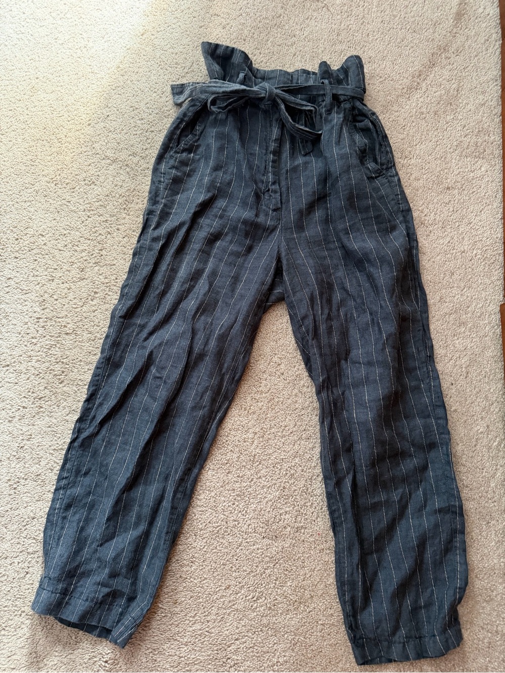 Catherine Malandrino 100% Linen Blue-Grey Pinstripe Paperbag Waist Pants